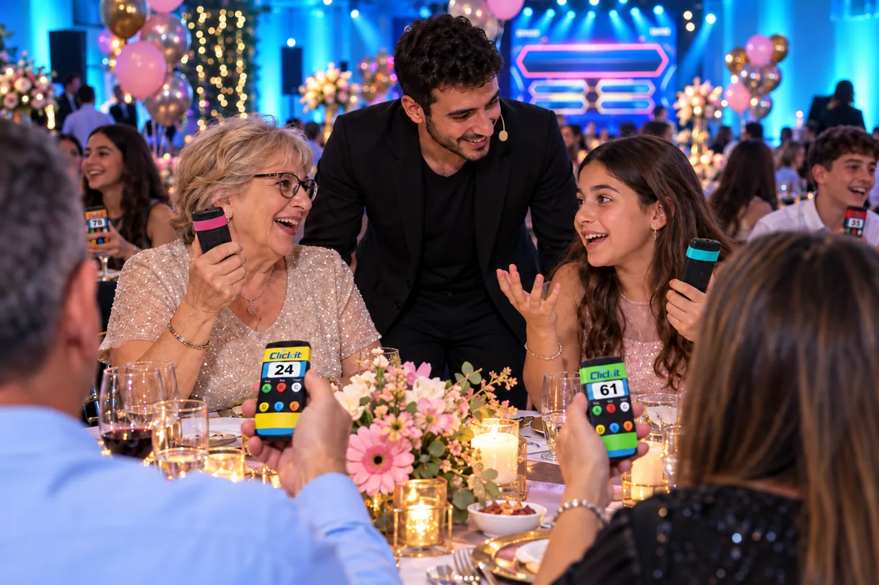 המנחה ליד השולחן, סבתא ובת המצווה מתווכחות בצחוק על תשובה, והשלטים מורמים