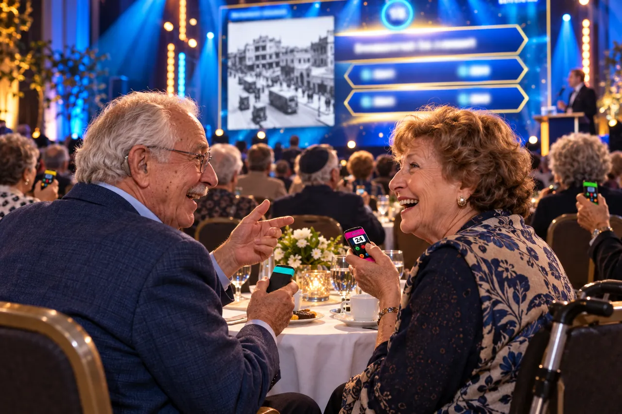 שתי חברות בגיל הזהב מתווכחות בחיוך על התשובה, כל אחת עם שלט ביד