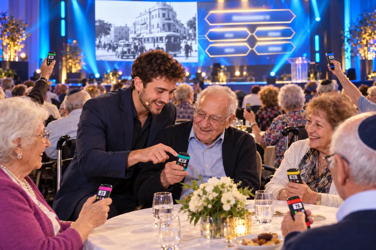 מנחה צעיר כורע ליד דייר ועוזר לו למצוא את המקש בשלט, ושניהם מחייכים