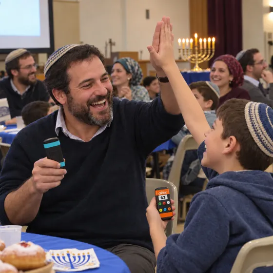 אבא עם כיפה ובנו עושים כיף אחרי תשובה נכונה