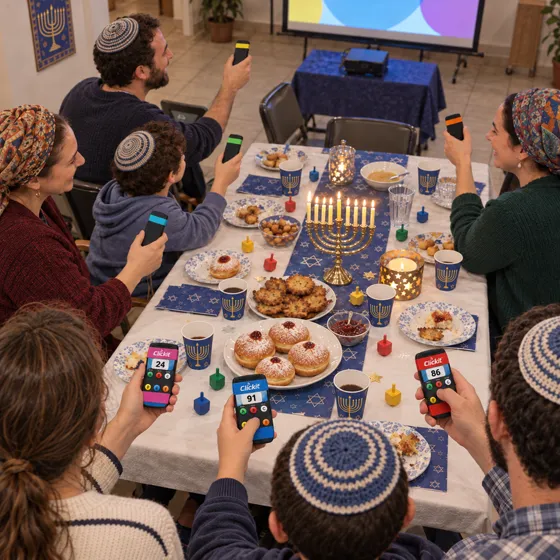 שולחן משפחות מלמעלה: סופגניות, סביבונים וחנוכייה קטנה