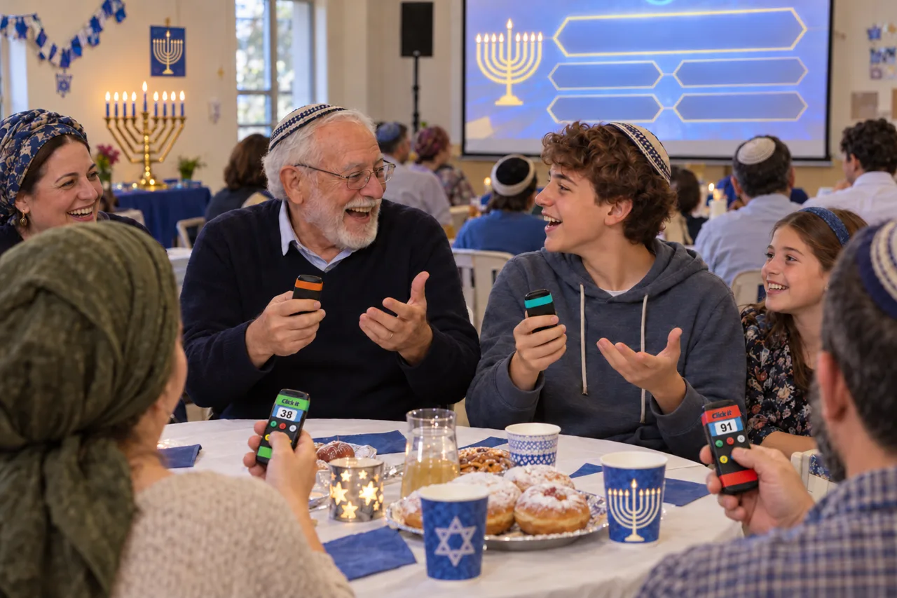 סבא עם כיפה סרוגה ונכדו מתווכחים בצחוק על התשובה, והשולחן כולו מגיב