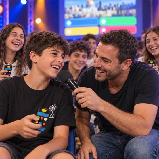 המנחה מגיש מיקרופון לתלמיד שעונה בצחוק