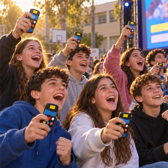 תלמידים בחצר בית הספר קופצים ומריעים עם שלטים